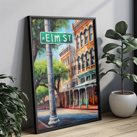 Dallas Elm St Wall Art - Travel Poster, Texas Decor & Gift, Dallas Souvenir, Housewarming Print, Dallas Texas Art, Unique Travel Wall Decor