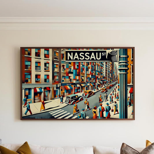 Nassau Street Wall Art Cubism Print - Manhattan Financial District Travel Poster, Modern Cityscape Decor Gift
