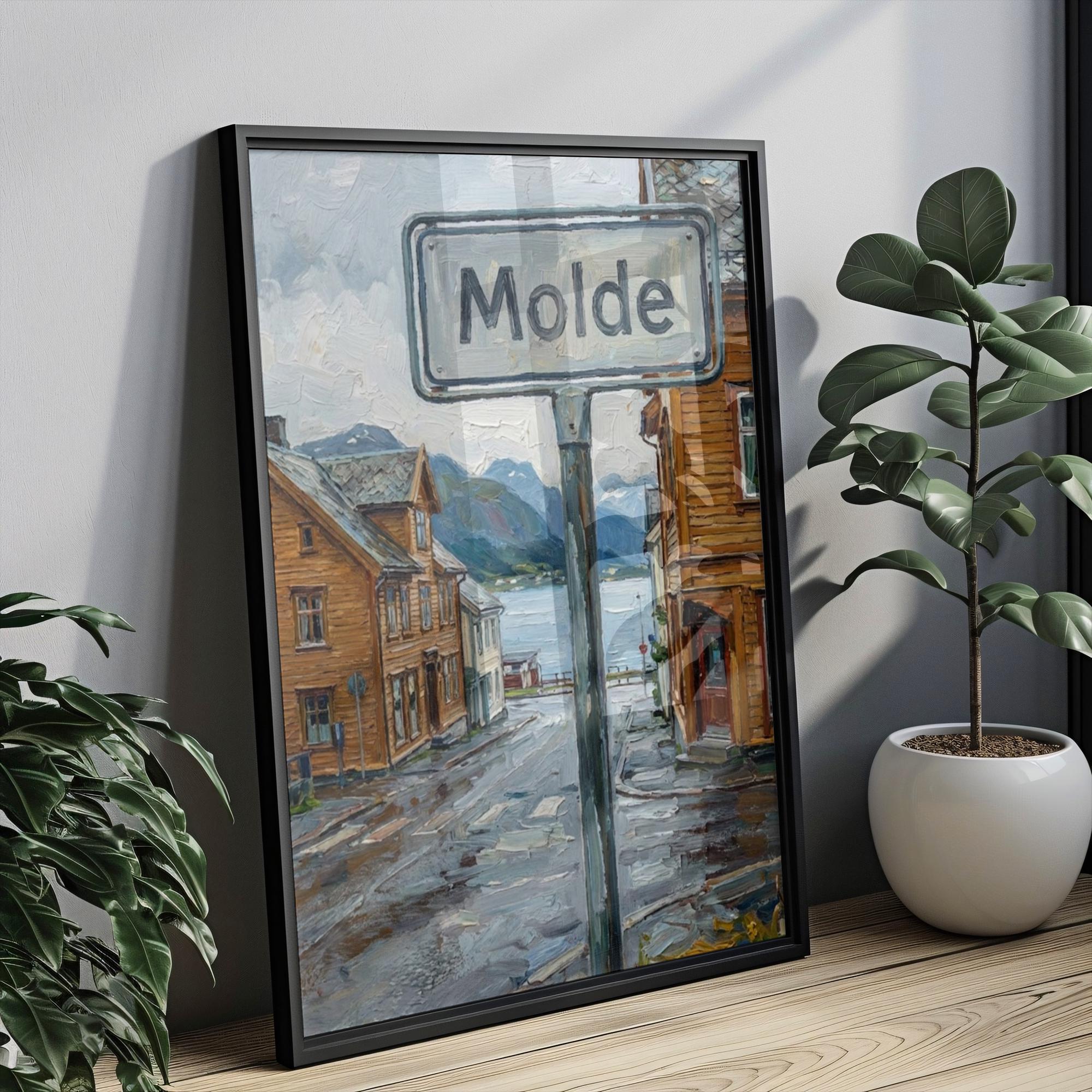 Molde Oil Painting Art Print: Norway Fjord Street Sign Travel Poster