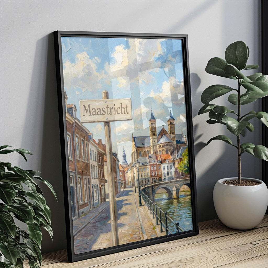 Maastricht Oil Painting Art Print: Netherlands Street Sign Travel Poster