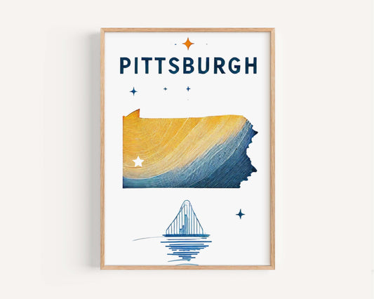 Pittsburg Print Pennsylvania Wall Art, Travel Home Decor, College Room Gift, Housewarming PA Poster, Pittsburgh City Skyline Illustration