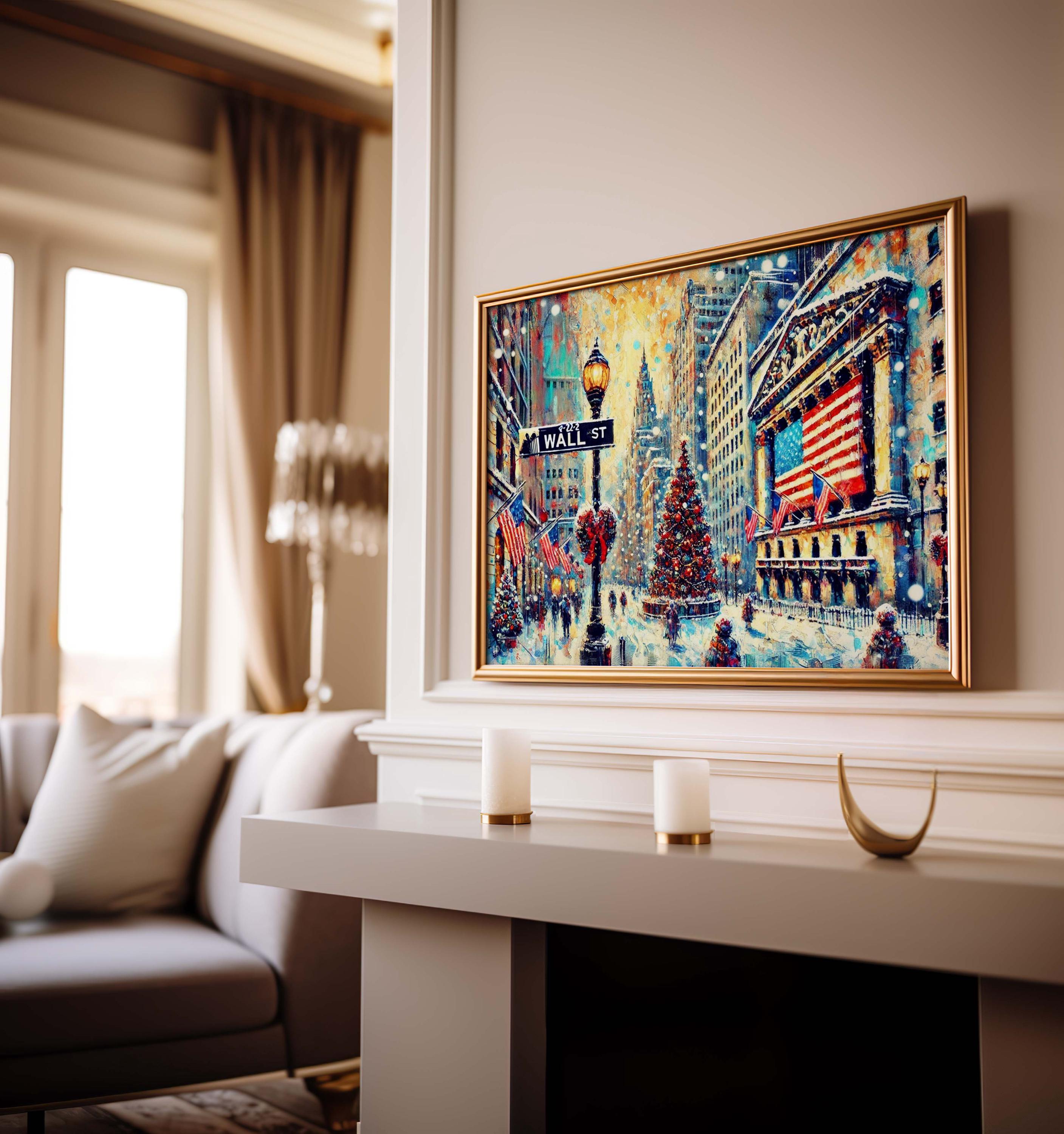 Wall Street Christmas Art Print – NYC Holiday Decor, Winter Financial District Scene