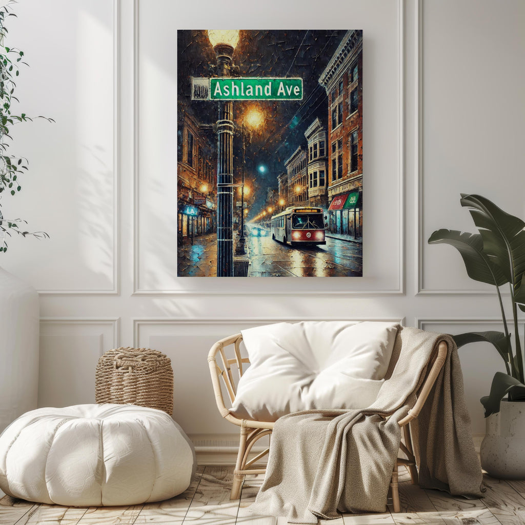 Ashland Ave Oil Painting Art Print: Chicago Street Sign Travel Poster
