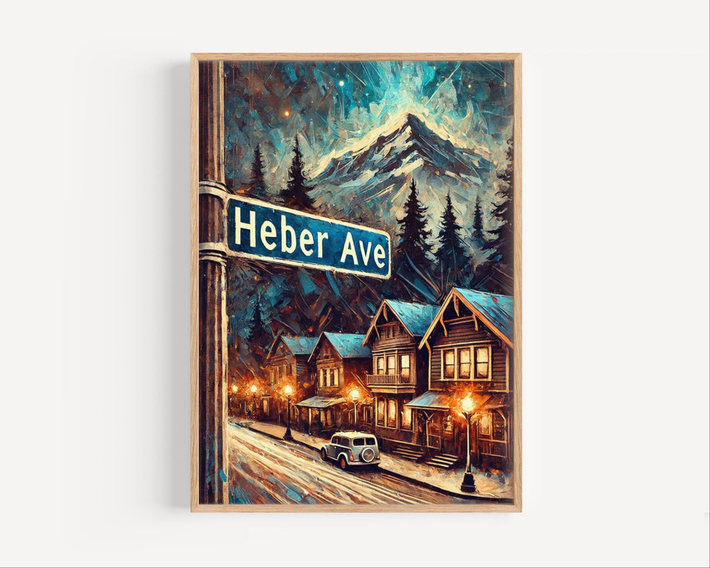 Heber Ave Oil Painting Art Print: Park City Utah Street Sign Travel Poster