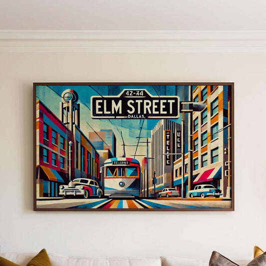 Elm Street Wall Art Cubism Print - Dallas Texas Travel Poster, Modern Housewarming Gift, Unique Dallas Cubism Art Decor