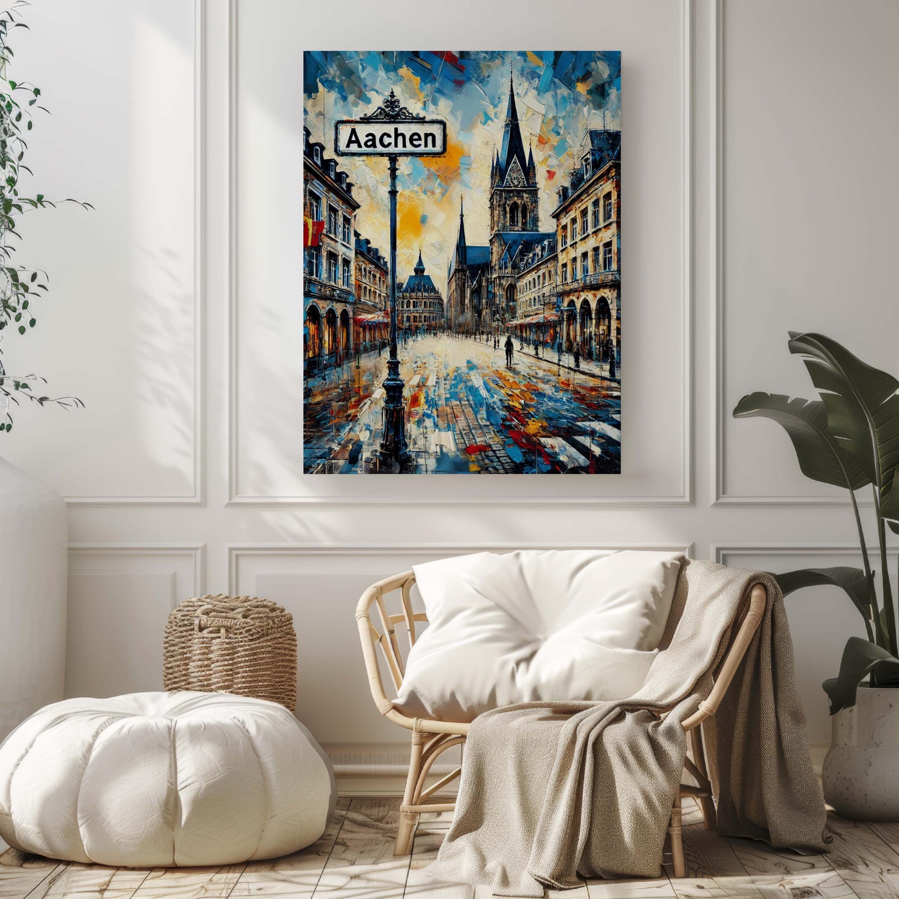 A cozy, modern living room with a rattan chair, pouf, and plant features the Aachen Art Print—Germany City Wall Art showcasing colorful cathedral and European architecture for vibrant home décor.