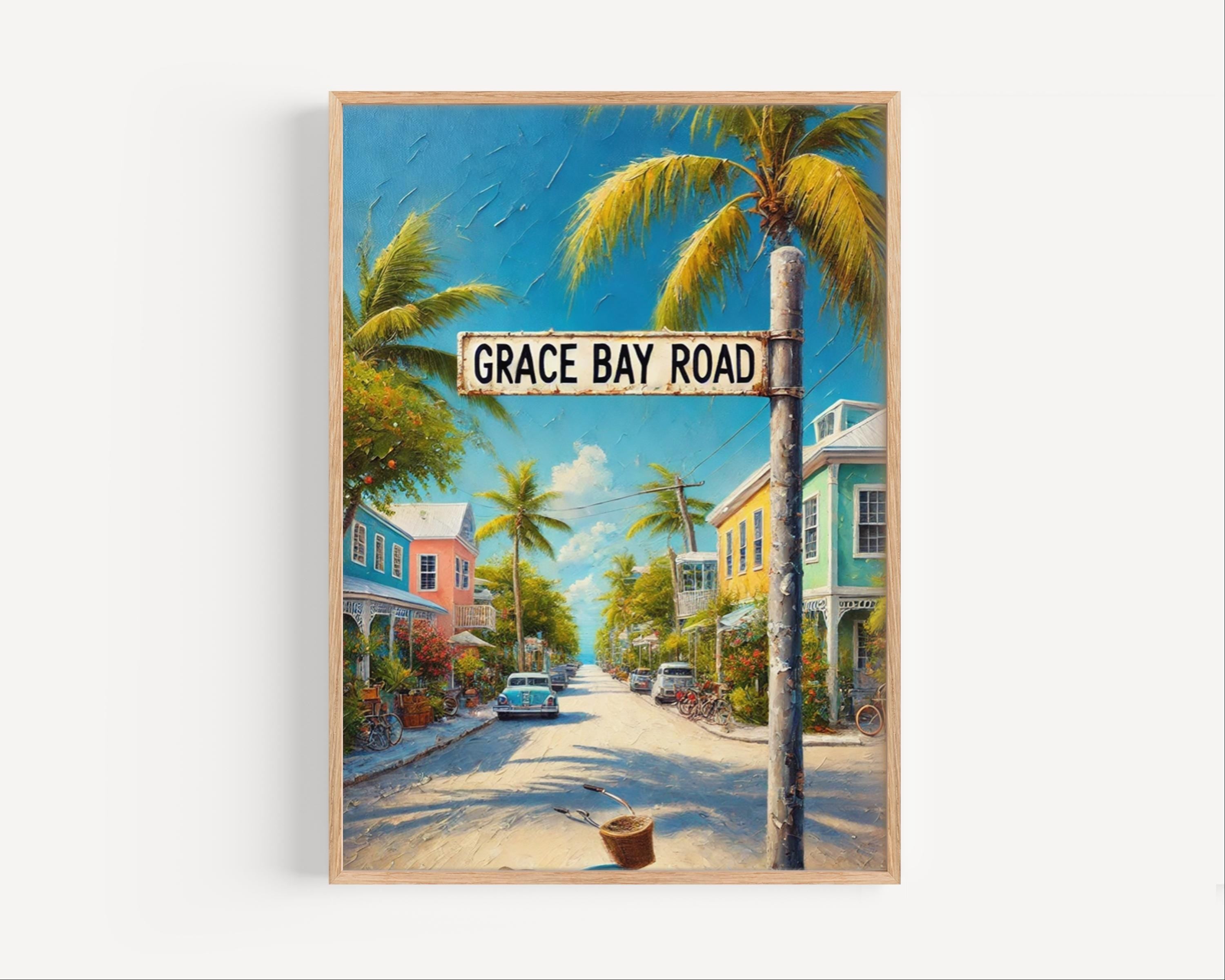 Grace Bay Road Oil Painting Art Print: Turks and Caicos Street Sign Travel Poster