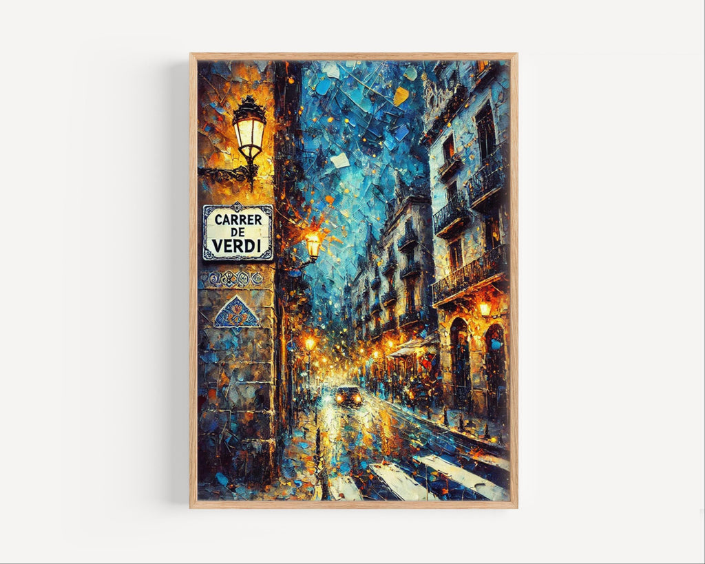 Carrer de Verdi Oil Painting Art Print: Barcelona Spain Street Sign Travel Poster