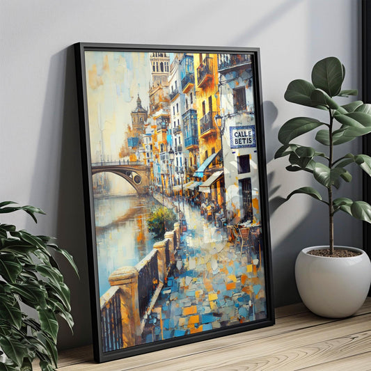 Calle Betis Wall Art, Seville Print, Spain Travel Poster, Andalusian Street Scene, Riverside Cityscape, Gift for Travelers, Fine Art Print