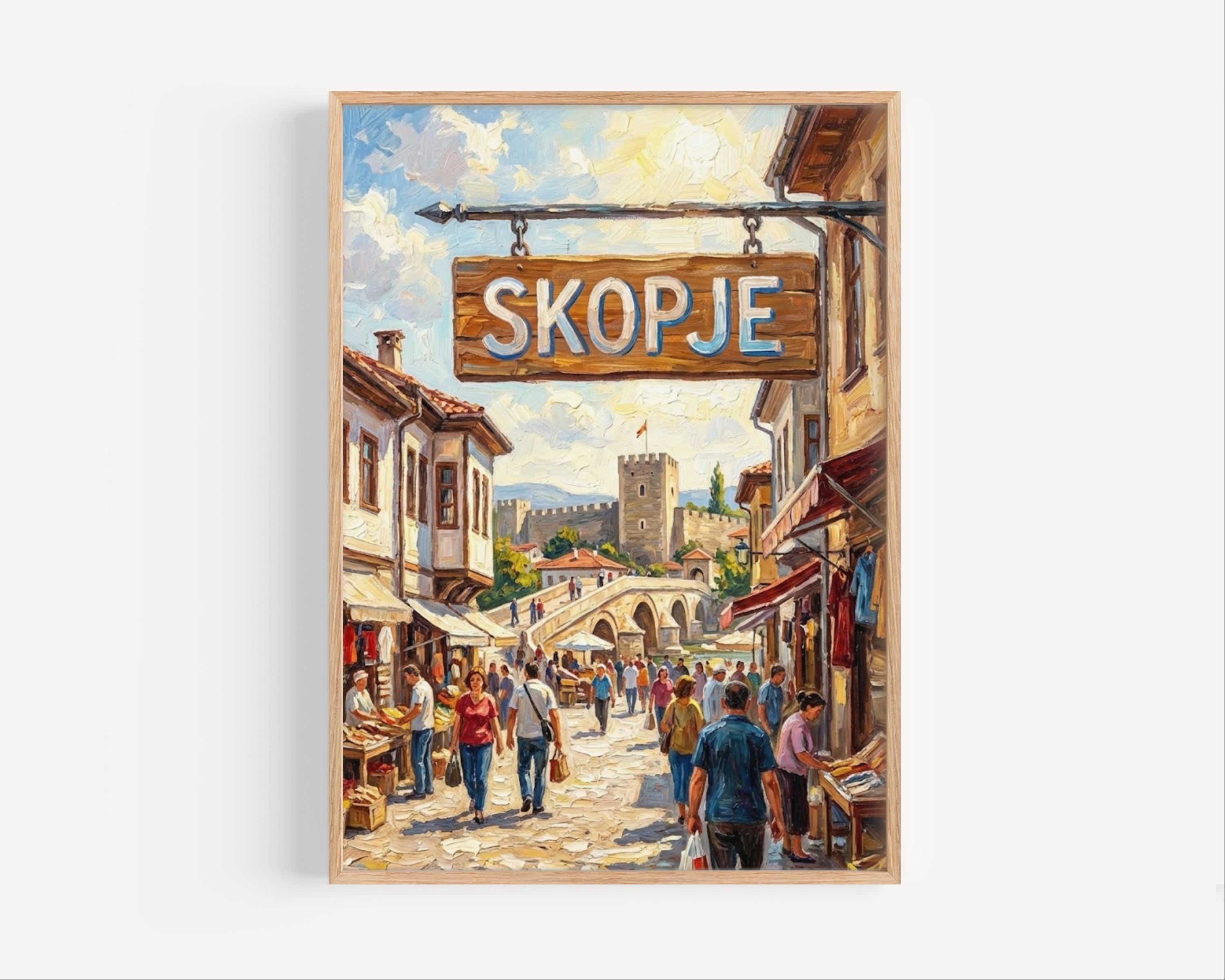 Skopje Oil Painting Art Print: North Macedonia Street Sign Travel Poster