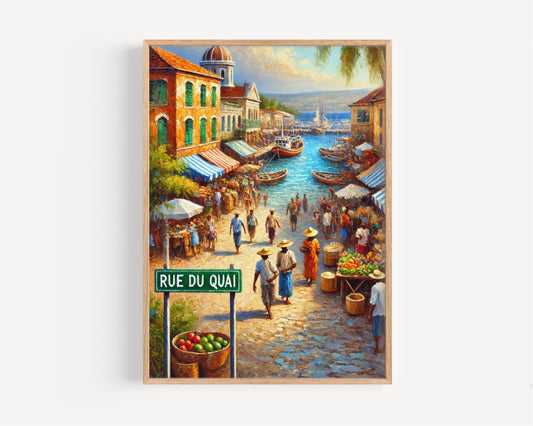 Port-au-Prince Rue du Quai Wall Art, Haiti Travel Poster, Caribbean Cityscape, Haitian Decor, Vibrant Waterfront Market, Personalized Gift