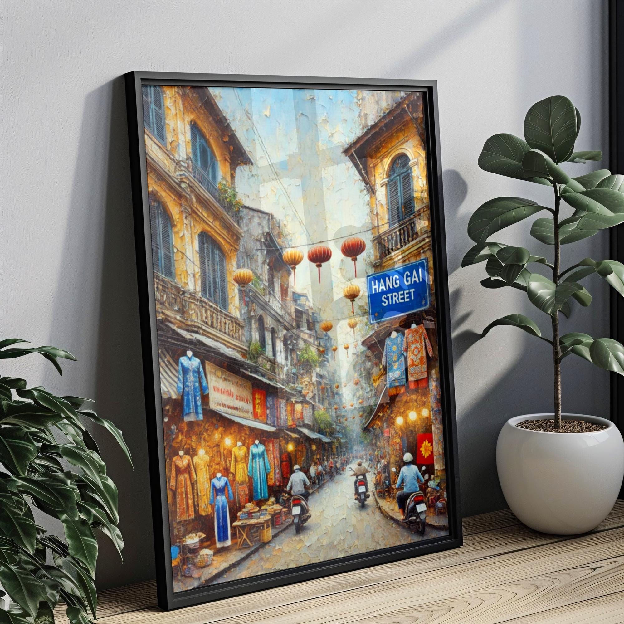 Hang Gai Street Oil Painting Art Print: Hanoi Vietnam Street Sign Travel Poster