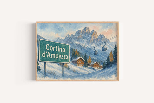 Cortina d'Ampezzo Watercolor Ski Resort Poster, Italian Alps Wall Art