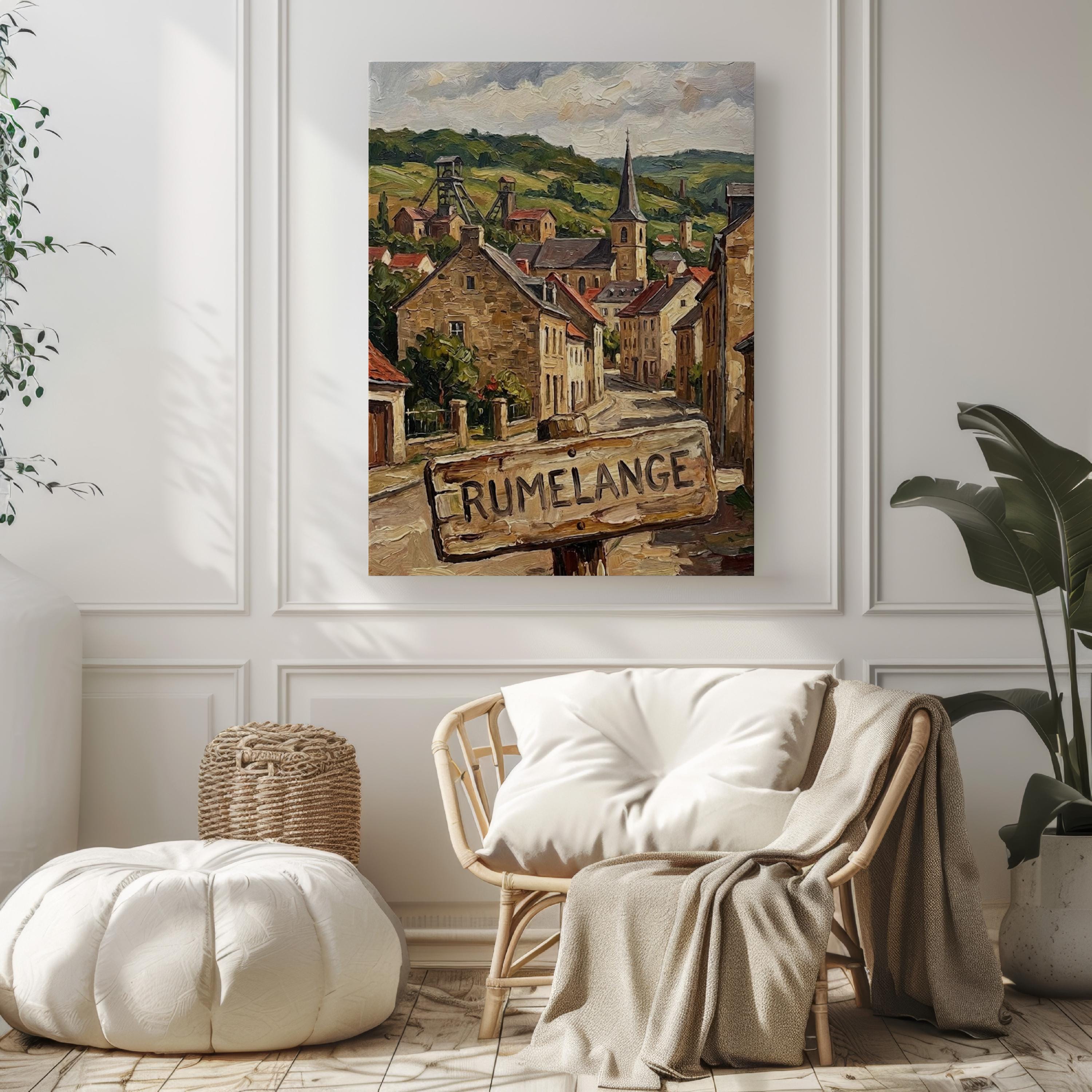 Rumelange Street Oil Painting Art Print: Rumelange Luxembourg Travel Poster