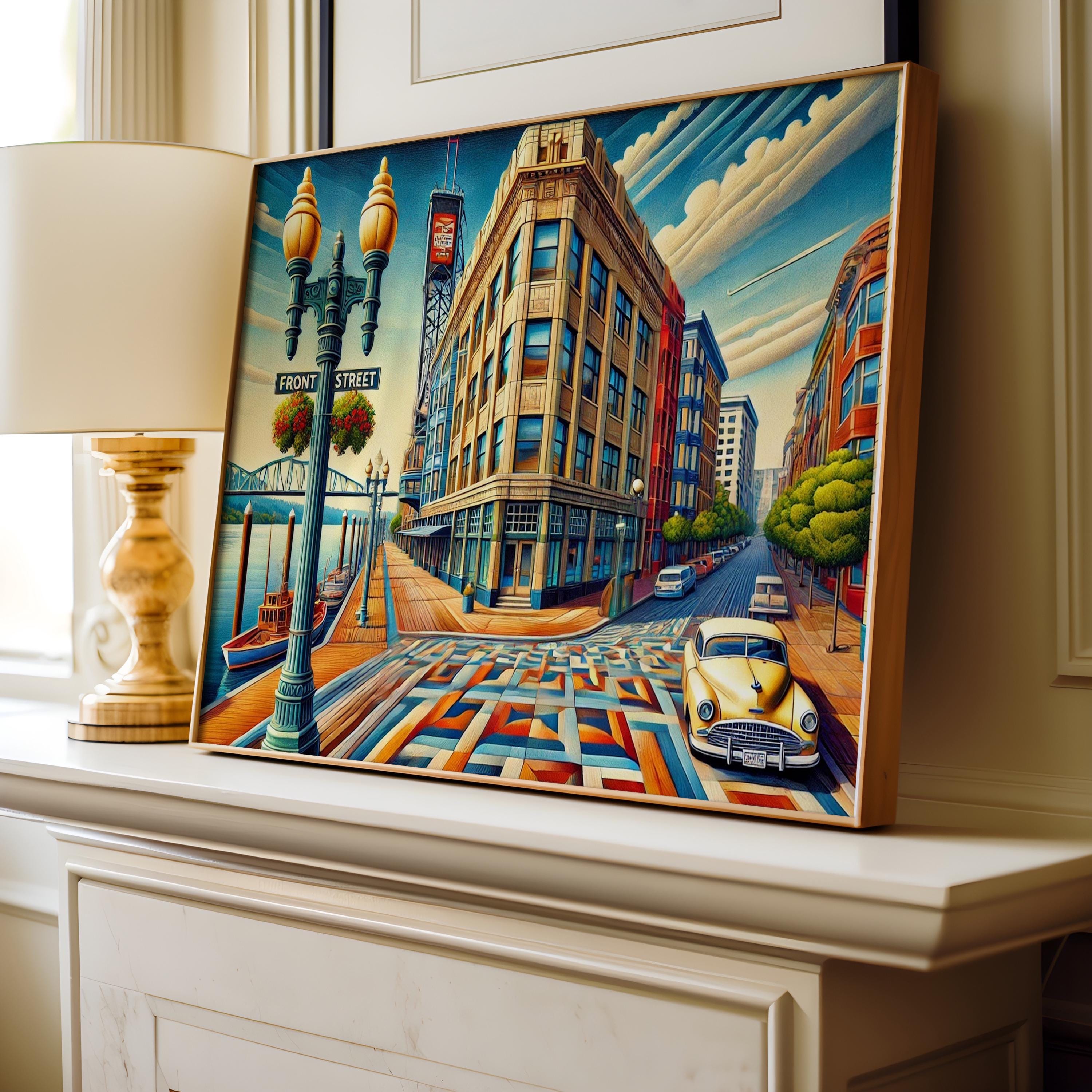 Front St Cityscape Cubist Print - Portland, Oregon, USA