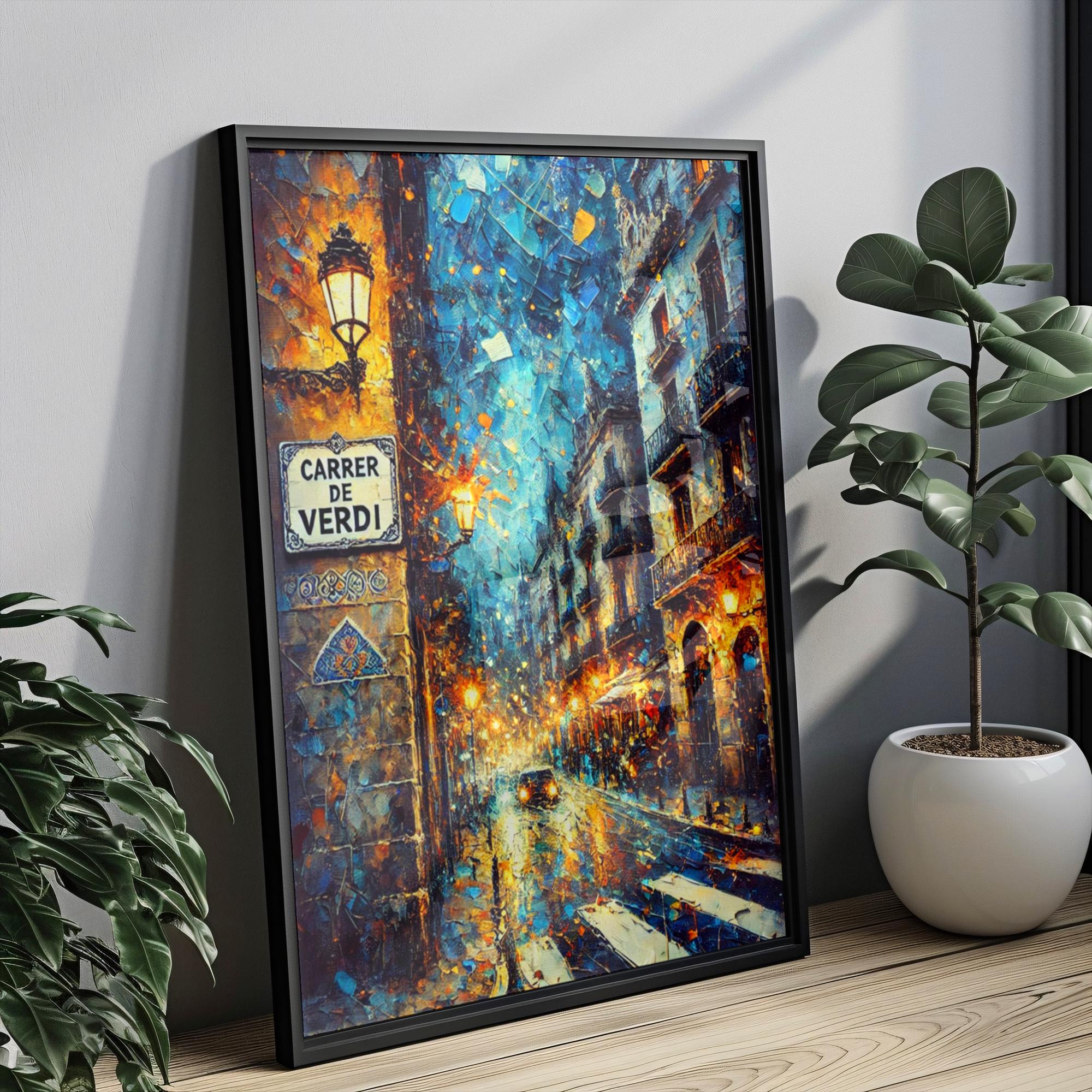 Carrer de Verdi Oil Painting Art Print: Barcelona Spain Street Sign Travel Poster