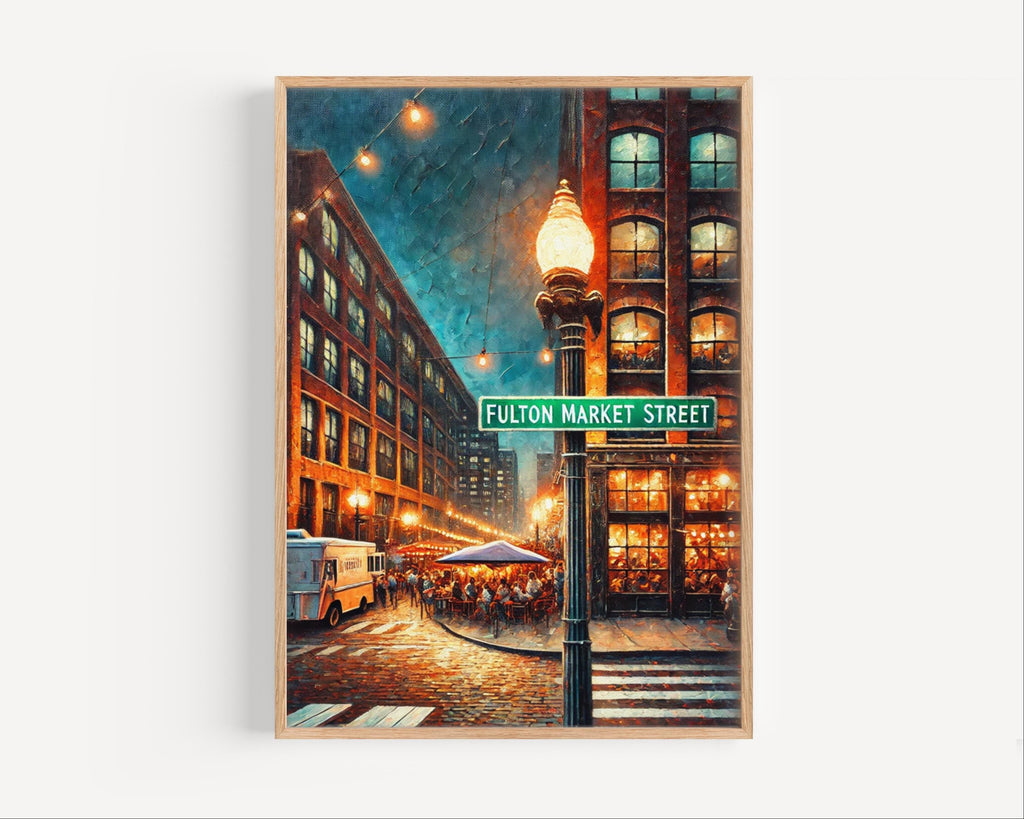 Fulton Market Street Oil Painting Art Print: Chicago Street Sign Travel Poster