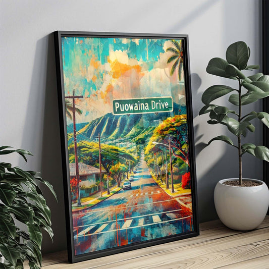 Puowaina Drive Print - Oahu Travel Poster, Hawaii Art, Honolulu Gift, Puowaina Drive Wall Art, Housewarming Gift, Tropical Home Decor