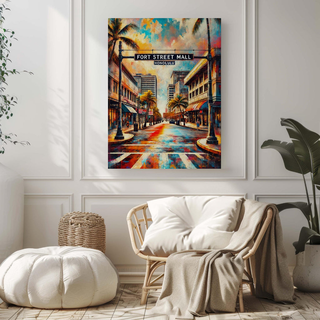 Fort Street Mall Wall Art Print - Honolulu Travel Poster, Hawaii Home Decor, Oahu Gift & Housewarming Present