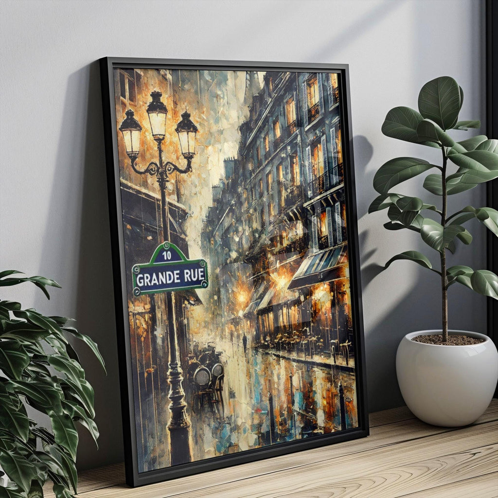 Grand Rue Oil Painting Art Print: Paris France Street Sign Travel Poster