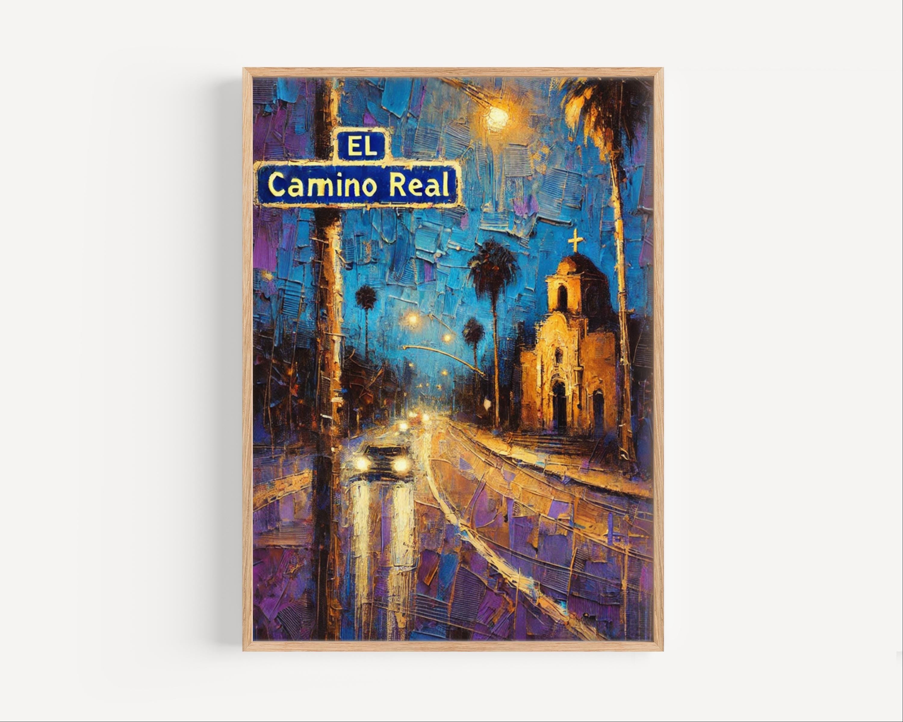 El Camino Real Oil Painting Art Print: California Historic Street Sign Travel Poster