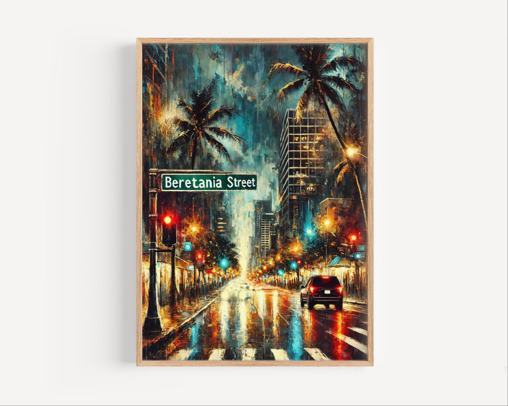 Beretania Street Oil Painting Art Print: Honolulu Hawaii Street Sign Travel Poster