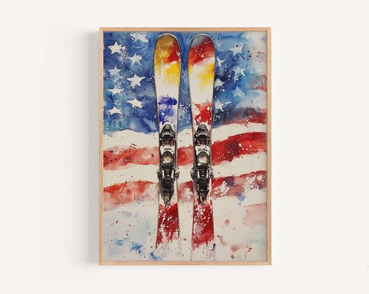 Skiing Artwork USA Wall Art Patriotic Winter Decor American Independence Poster United States Home Decor