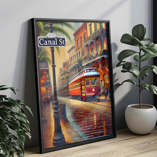 Canal Street Wall Art, New Orleans Cityscape Print, Louisiana Decor, Vibrant Streetcar Illustration, Crescent City Travel Poster