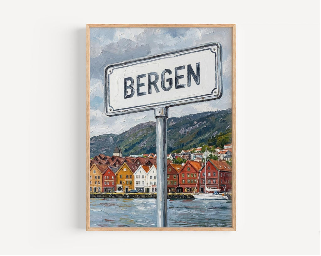 Bergen Oil Painting Art Print: Norway Fjord Street Sign Travel Poster