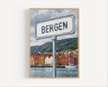 Bergen Oil Painting Art Print: Norway Fjord Street Sign Travel Poster