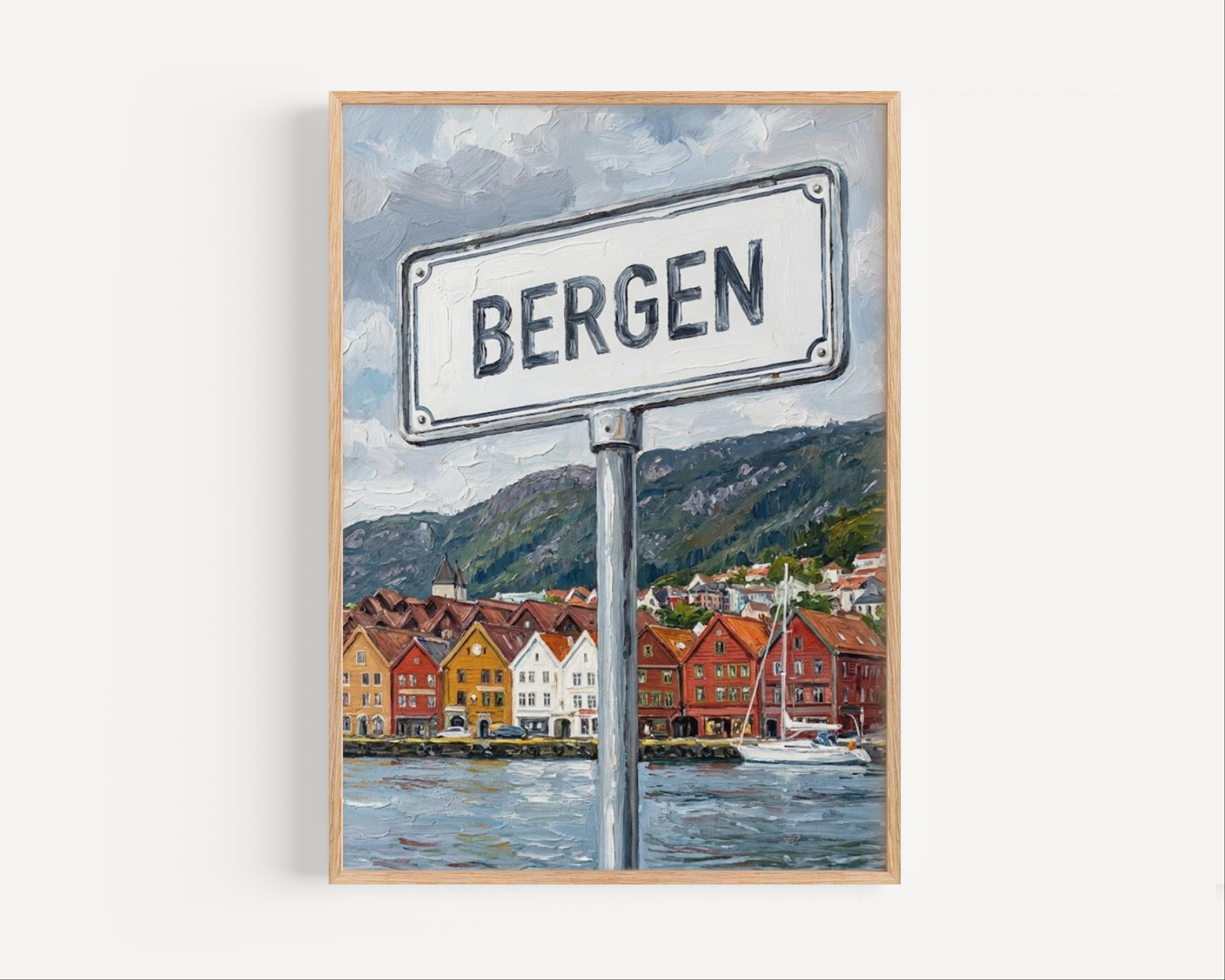 Bergen Oil Painting Art Print: Norway Fjord Street Sign Travel Poster