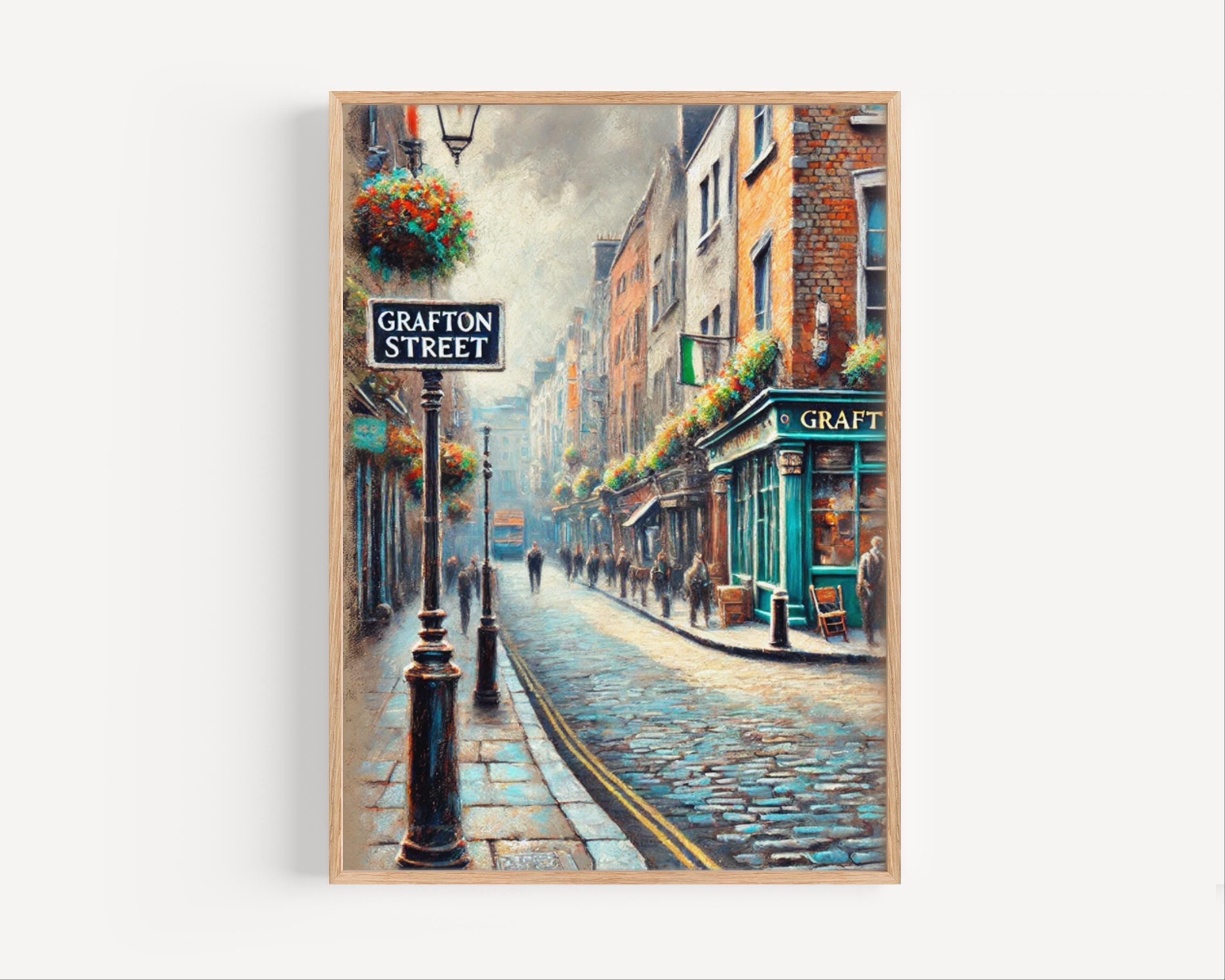 Grafton Street Oil Painting Art Print: Ireland Street Sign Travel Poster