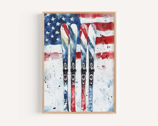Skiing Artwork USA Wall Art Patriotic American Independence Poster Winter Home Decor United States Gift