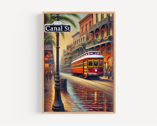 Canal Street Wall Art, New Orleans Cityscape Print, Louisiana Decor, Vibrant Streetcar Illustration, Crescent City Travel Poster