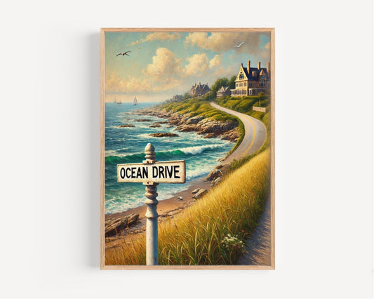 Rhode Island Art Ocean Drive Wall Art Print, American Travel Poster, Ocean Decor, Housewarming Gift, Coastal Wall Decor, USA Gift