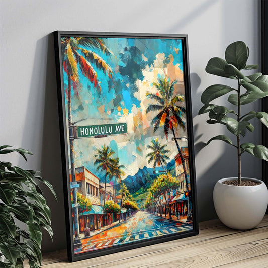 Honolulu Ave Print - Oahu Art Travel Poster, Hawaii Wall Art, Honolulu Gift, Housewarming Decor, Tropical Travel Print