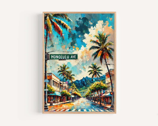 Honolulu Ave Print - Oahu Art Travel Poster, Hawaii Wall Art, Honolulu Gift, Housewarming Decor, Tropical Travel Print