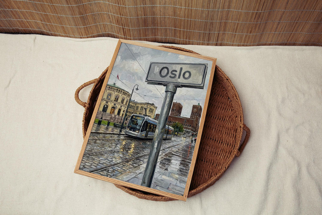 Oslo Oil Painting Art Print: Norway City Street Sign Travel Poster