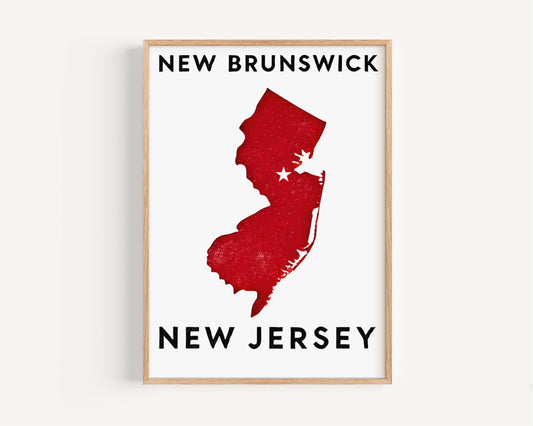 New Brunswick Print Travel Wall Art, New Jersey Home Decor, College Dorm Gift, Housewarming Present, Unique State Map Poster