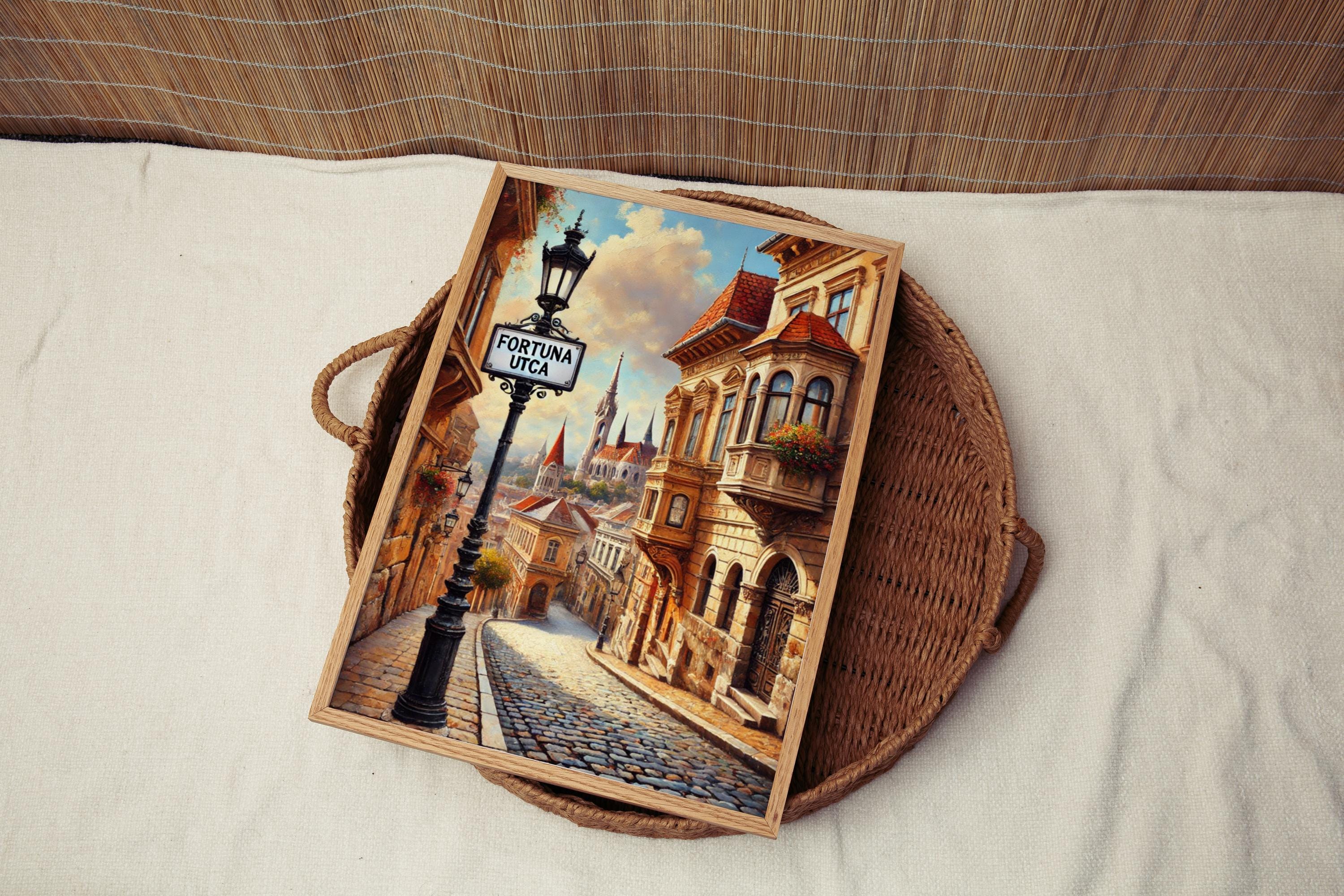 Fortuna Utca Oil Painting Art Print: Budapest Hungary Street Sign Travel Poster
