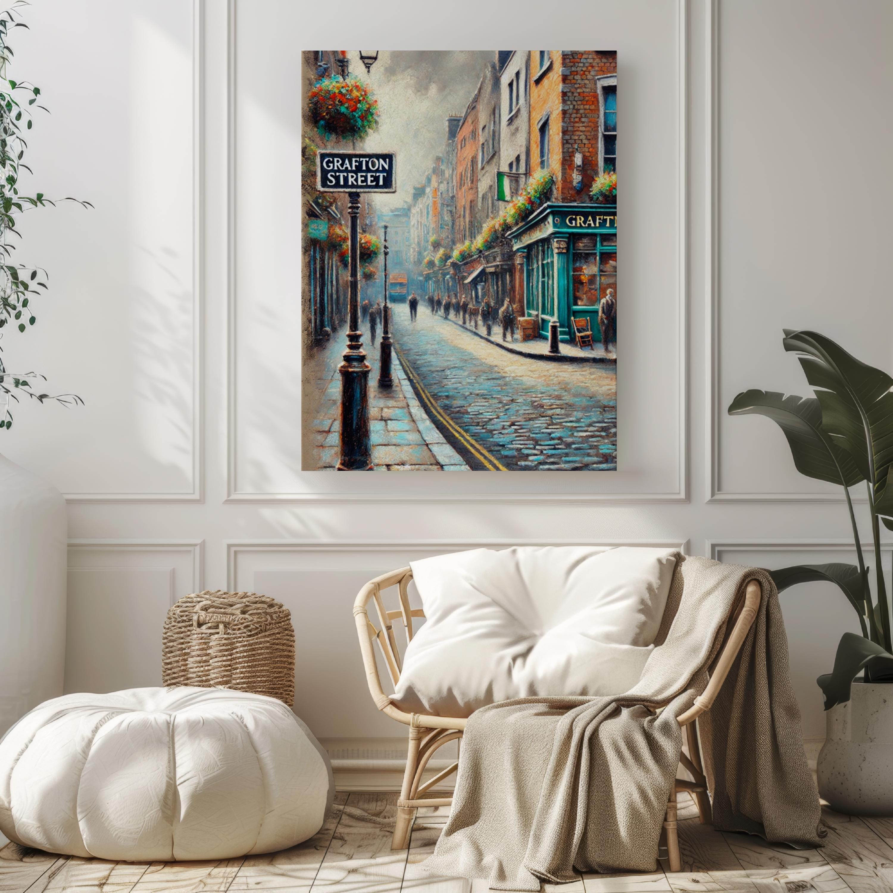 Grafton Street Oil Painting Art Print: Ireland Street Sign Travel Poster