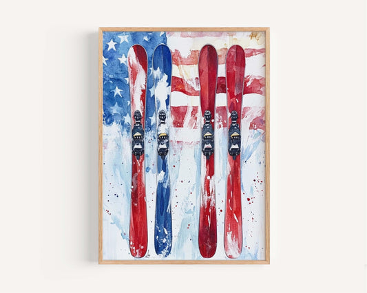 Skiing Wall Art USA Poster Patriotic American Independence Winter Home Decor United States Flag Artwork