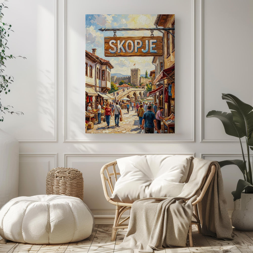 Skopje Oil Painting Art Print: North Macedonia Street Sign Travel Poster