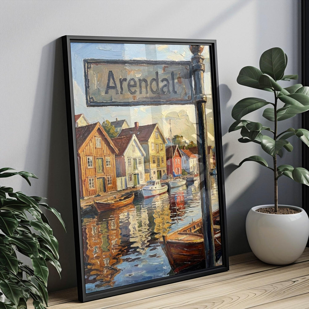 Arendal Oil Painting Art Print: Norway Coastal Street Sign Travel Poster
