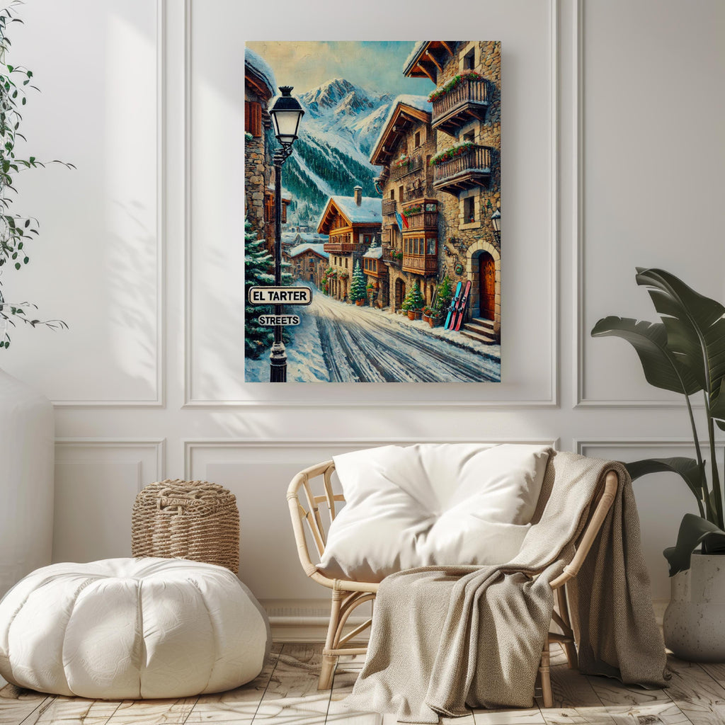 El Tarter Oil Painting Art Print: Andorra Mountain Street Sign Travel Poster