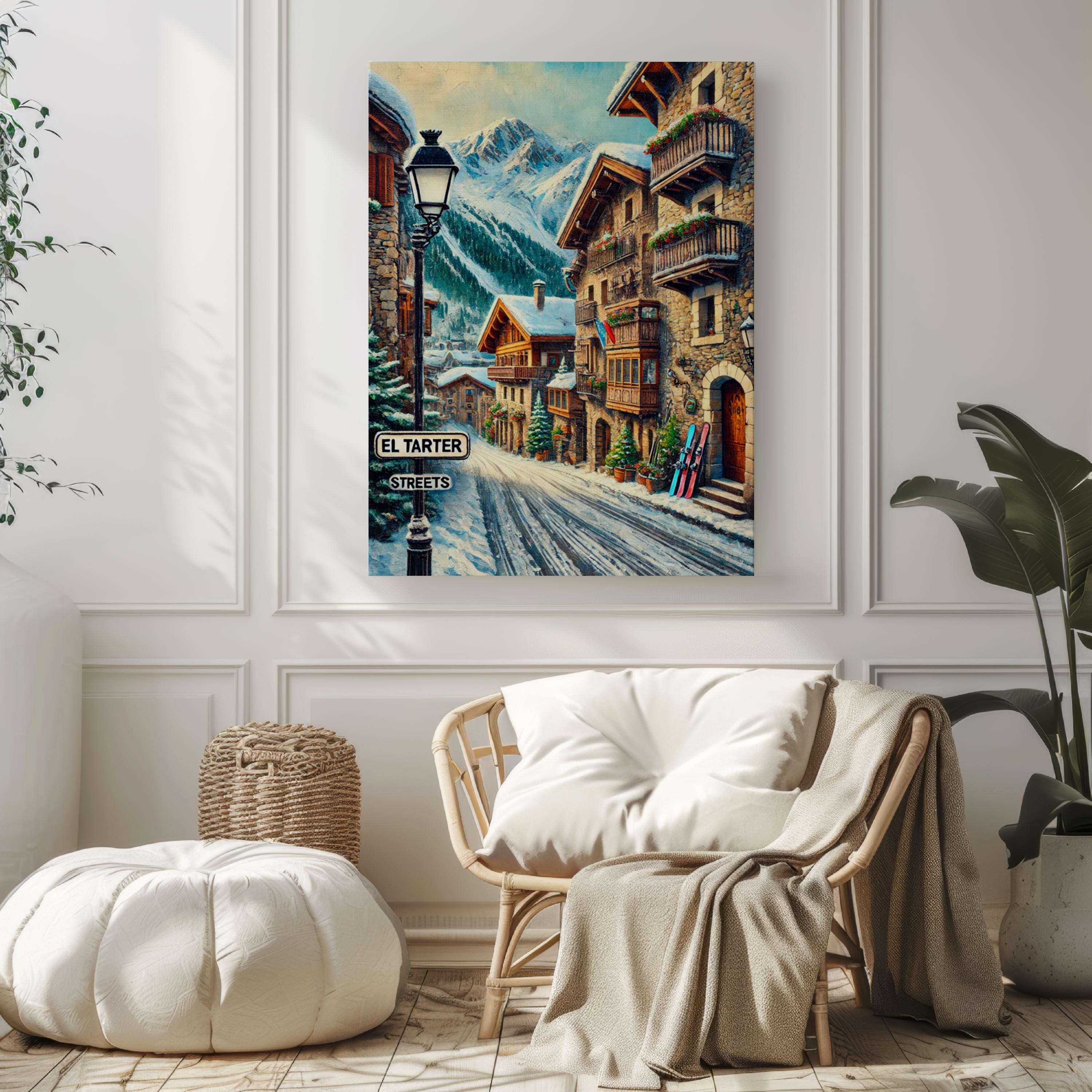 El Tarter Oil Painting Art Print: Andorra Mountain Street Sign Travel Poster