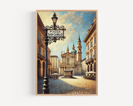Piazza San Carlo Wall Art Print - Turin Travel Poster, Italian Home Decor, Housewarming Gift, Italy Cityscape Illustration