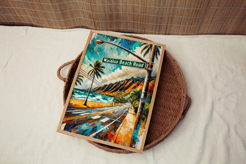 Waialua Beach Road Wall Art Print - Hawaii Travel Poster, Honolulu Gift, Housewarming Decor, Tropical Beach Road Illustration, Waialua Art
