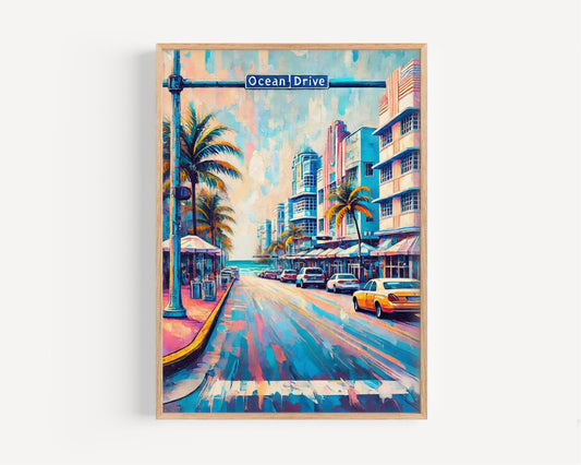 Miami Beach Ocean Dr Wall Art, Vibrant Florida Travel Poster, Coastal Decor, Beach Housewarming Gift, Florida Art Print