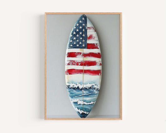 Surfing Artwork | USA Wall Art for Beach House Decor | Patriotic Summer Poster | United States Coastal Home Art
